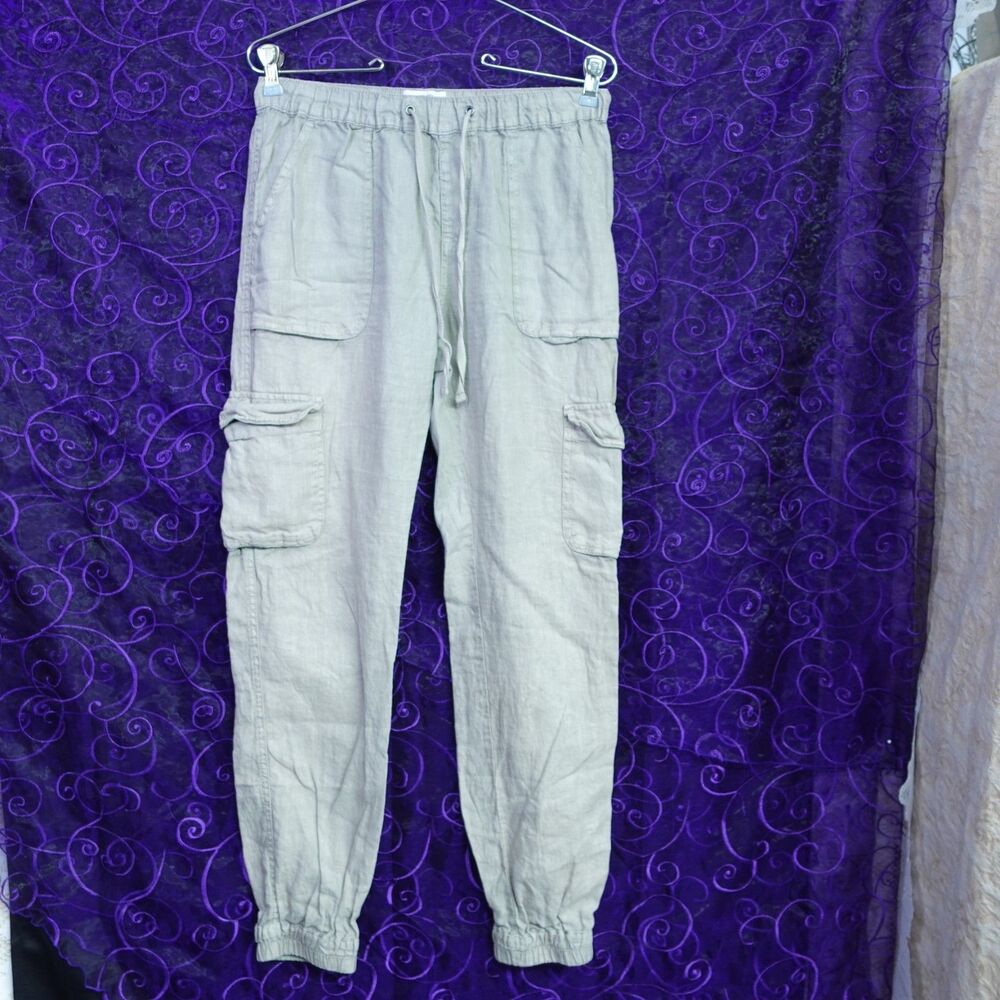 Nicole Miller Womens Size XS 100% Linen Cargo Pants Light Gray/Olive Drawstring